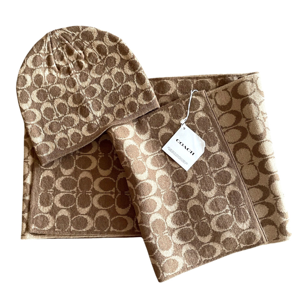 COACH Khaki Brown Wool Blend Knit Signature C Pattern Scarf Beanie Hat Set NWT